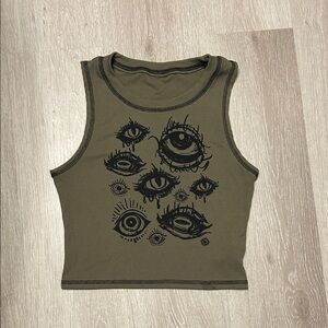 Romwe Olive Goth Eye Print Sleeveless Tank Top
